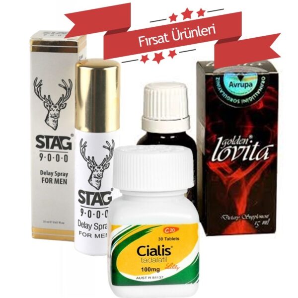 Cialis 30 Tablet 100 mg + Stag 9000 Geciktirici Sprey + Golden Lovita Bayan Azdırıcı Damla